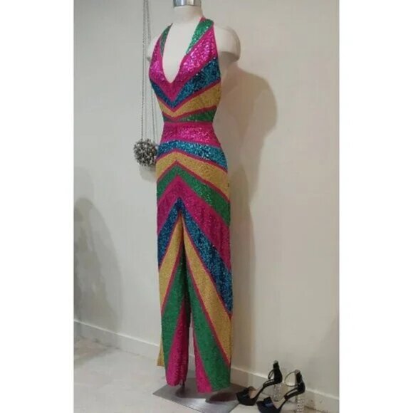 💋RETRO GLAM!💋 STUDIO 54 Halter Cut Out Wide-leg Jumpsuit in Stripe Sequin - Picture 8 of 15